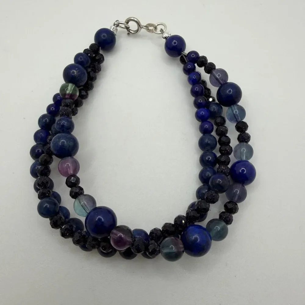Three‎ strands of Lapis Lazuli, Fluorite, and Sandstone beaded bracelet w/ 925!